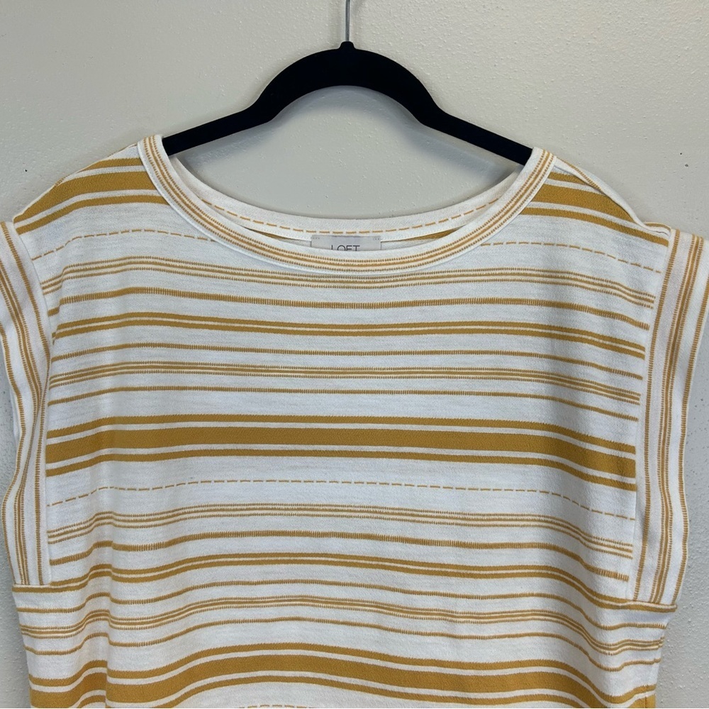 LOFT White Mustard Yellow Striped Boxy Tee Womens M Cotton Classic Preppy Travel - Picture 2 of 8
